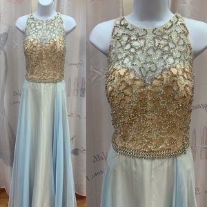 Dave & Johnny Light Blue and Gold Prom Dress
